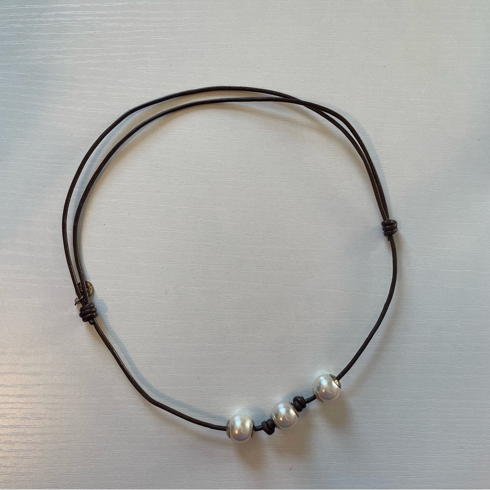 Majorica Pearl Necklace on Dark Brown Leather Necklace